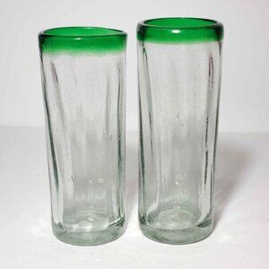 Hand Blown Glass Tumblers Green Rim